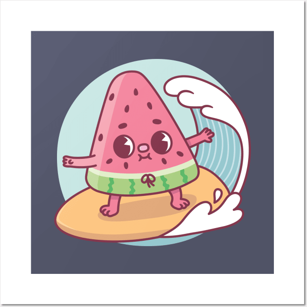 Cute Watermelon Surfing The Waves Funny Wall Art by rustydoodle